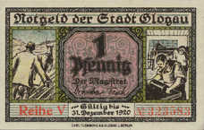 Glogau Stadt, 1x1pf, 1x5pf, 1x10pf, 1x25pf, 1x1/2mk, Set of 5 Notes, G20.6