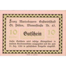 St. Pölten N.Ö. Prv. Franz Marterbauer Gastwirtschaft, 10 Heller, FS 931a